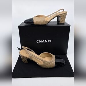 Chanel Lambskin & Patent Calfskin Quilted Cap Toe CC Slingback Pumps